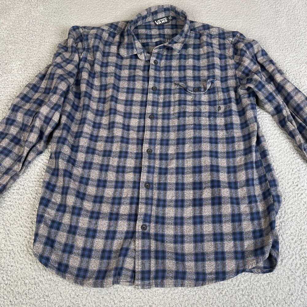 VANS Flannel Shirt Men XL Blue Gray Plaid Button Long Sleeve Pocket Surf Skate